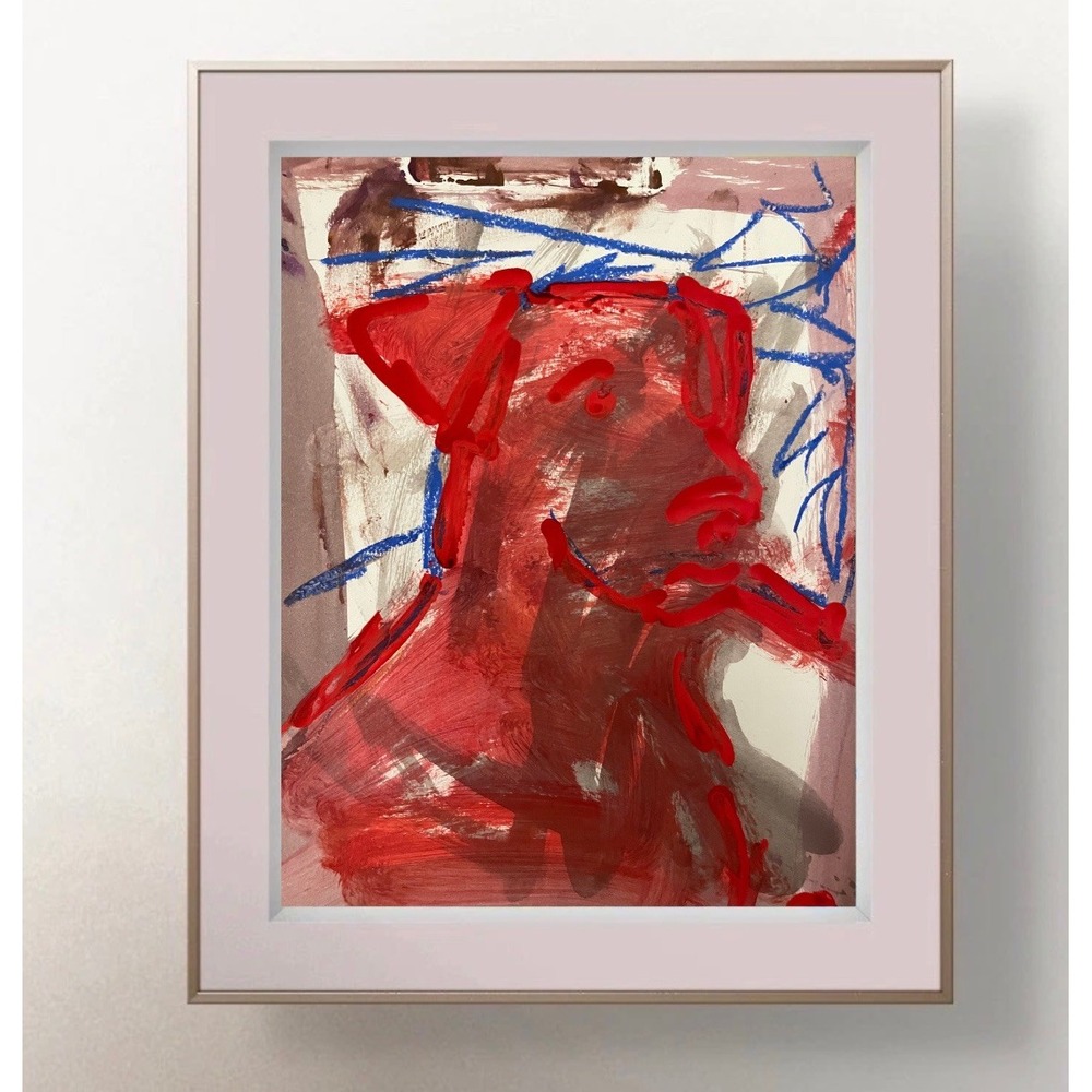 Oman Hosea Original Art 9x12 Neo Expressionist Smoking Dog Painting Red